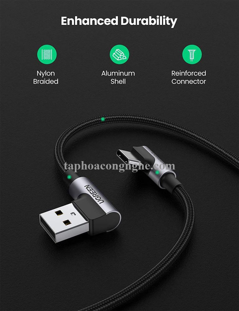Ugreen 20855 0.5M 2 đầu bẻ góc 90 độ cáp usb type C ra A mạ Nickel đầu bọc nhôm chống nhiễu US176 30020855